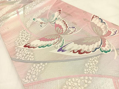 平和屋着物◎六通柄袋帯　舞蝶文　銀糸　正絹　逸品　BAAV2854hj