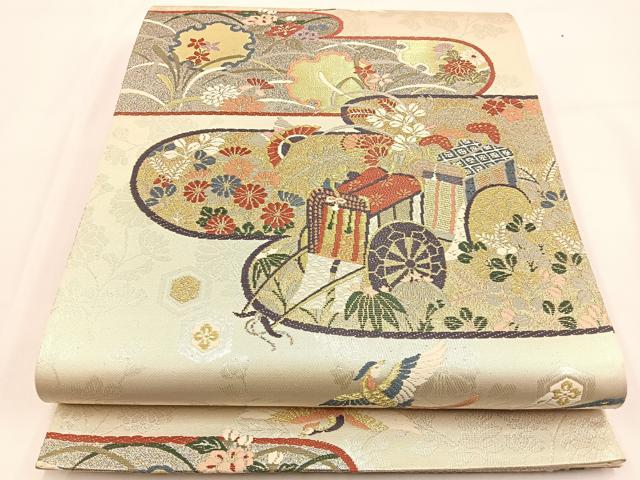 平和屋着物◎六通柄袋帯 唐織 鳳凰御所車花文 金銀糸 正絹 逸品 BAAV2858hj