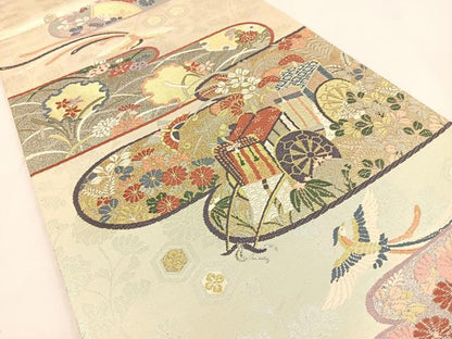 平和屋着物◎六通柄袋帯 唐織 鳳凰御所車花文 金銀糸 正絹 逸品 BAAV2858hj