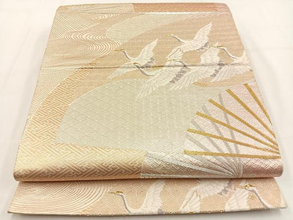 平和屋着物◎六通柄袋帯 唐織 飛鶴扇面文 金銀糸 正絹 逸品 BAAV2859hj
