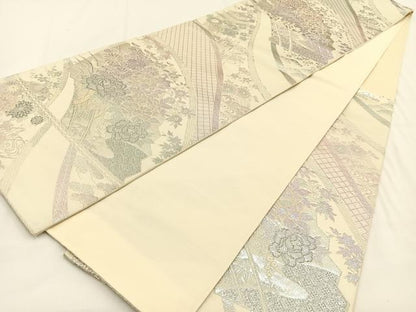 平和屋着物◎六通柄袋帯 花車文 銀糸 正絹 逸品 BAAV2867hj