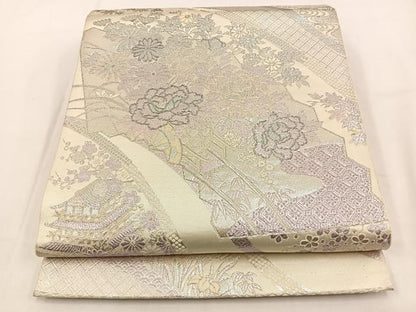 平和屋着物◎六通柄袋帯 花車文 銀糸 正絹 逸品 BAAV2867hj