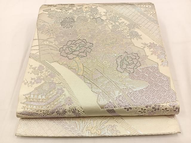 平和屋着物◎六通柄袋帯 花車文 銀糸 正絹 逸品 BAAV2867hj
