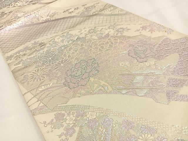 平和屋着物◎六通柄袋帯 花車文 銀糸 正絹 逸品 BAAV2867hj