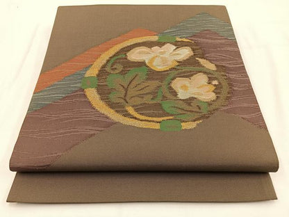 平和屋着物◎太鼓柄袋帯　すくい織　花唐草文　金糸　正絹　逸品　BAAV2895hj
