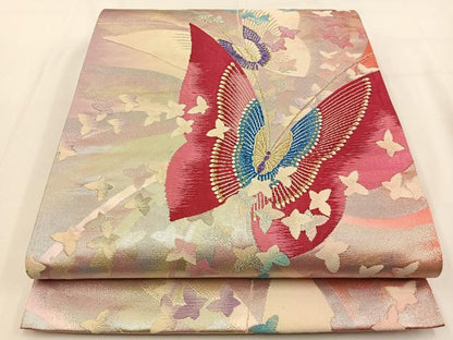平和屋着物◎六通柄袋帯　舞蝶文　金銀糸　正絹　逸品　BAAV2897hj