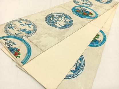 平和屋着物◎六通柄袋帯　風景花絵皿文　銀糸　引箔　正絹　逸品　BAAV2906hj