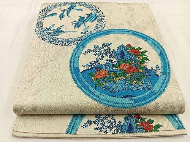 平和屋着物◎六通柄袋帯　風景花絵皿文　銀糸　引箔　正絹　逸品　BAAV2906hj