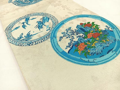 平和屋着物◎六通柄袋帯　風景花絵皿文　銀糸　引箔　正絹　逸品　BAAV2906hj