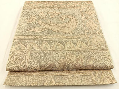 平和屋着物◎六通柄　本袋帯　ふくれ織　横段花文　金糸　正絹　逸品　BAAV2910hj