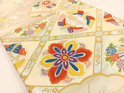 平和屋着物◎六通柄袋帯　唐織　双鶴花蝶文　金銀糸　正絹　逸品　BAAV2915hj