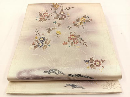 平和屋着物◎六通柄袋帯　作家物　草花文　銀彩　引箔　正絹　逸品　BAAV2924hj