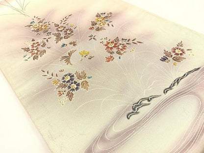 平和屋着物◎六通柄袋帯　作家物　草花文　銀彩　引箔　正絹　逸品　BAAV2924hj