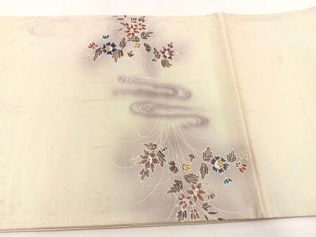 平和屋着物◎六通柄袋帯　作家物　草花文　銀彩　引箔　正絹　逸品　BAAV2924hj
