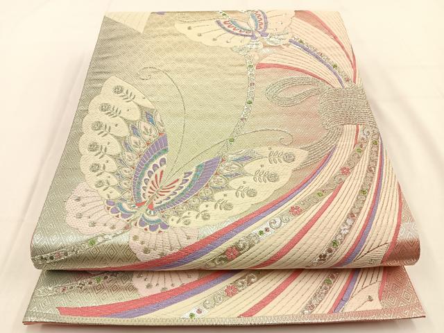 平和屋着物◎六通柄袋帯　唐織　束ね熨斗舞蝶文　銀糸　正絹　逸品　BAAV2928hj