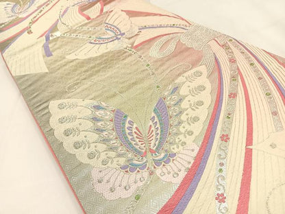 平和屋着物◎六通柄袋帯　唐織　束ね熨斗舞蝶文　銀糸　正絹　逸品　BAAV2928hj