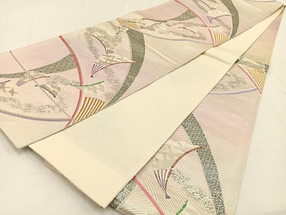 平和屋着物◎六通柄袋帯　飛鶴扇面花文　金銀糸　正絹　逸品　BAAV2933hj