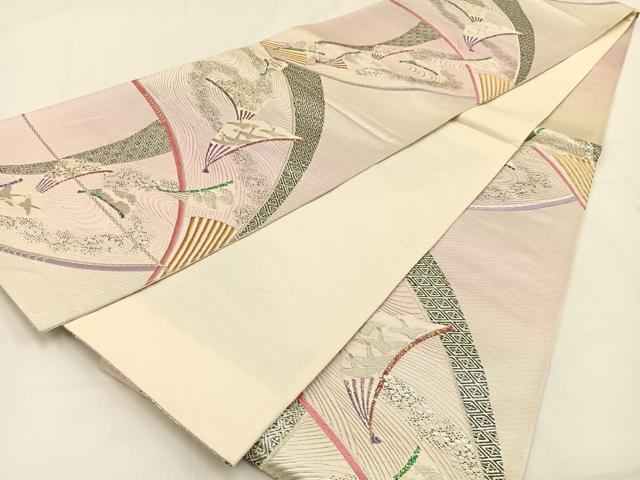 平和屋着物◎六通柄袋帯　飛鶴扇面花文　金銀糸　正絹　逸品　BAAV2933hj