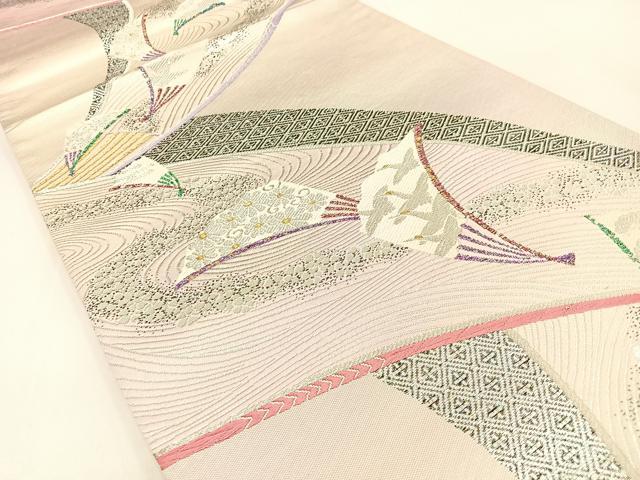 平和屋着物◎六通柄袋帯　飛鶴扇面花文　金銀糸　正絹　逸品　BAAV2933hj