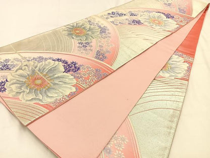 平和屋着物◎六通柄袋帯　銀綴れ　花　正絹　逸品　BAAV2936hj