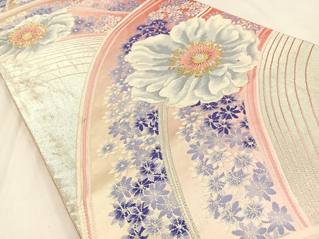 平和屋着物◎六通柄袋帯　銀綴れ　花　正絹　逸品　BAAV2936hj