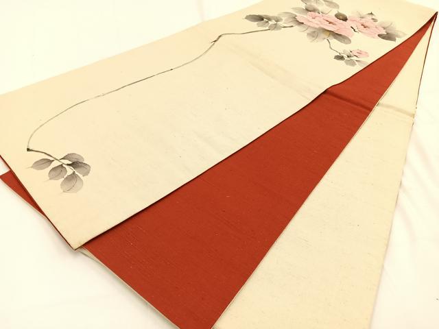 平和屋着物●六通柄　京袋帯　手描き　紬地　枝牡丹　金彩　正絹　逸品　BAAV2975hj