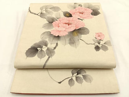 平和屋着物●六通柄　京袋帯　手描き　紬地　枝牡丹　金彩　正絹　逸品　BAAV2975hj