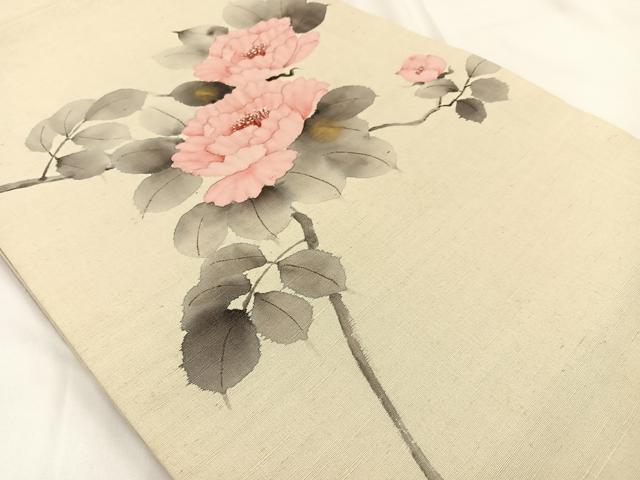 平和屋着物●六通柄　京袋帯　手描き　紬地　枝牡丹　金彩　正絹　逸品　BAAV2975hj