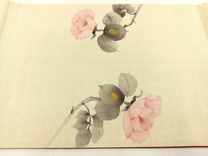 平和屋着物●六通柄　京袋帯　手描き　紬地　枝牡丹　金彩　正絹　逸品　BAAV2975hj