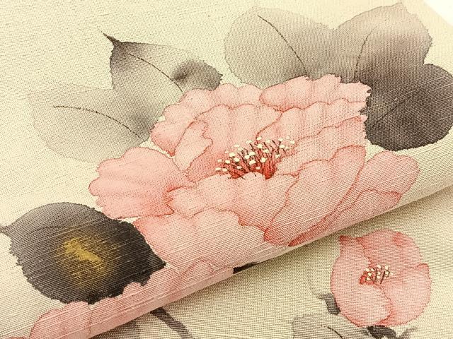 平和屋着物●六通柄　京袋帯　手描き　紬地　枝牡丹　金彩　正絹　逸品　BAAV2975hj