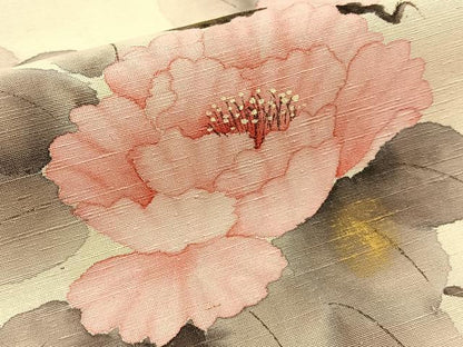 平和屋着物●六通柄　京袋帯　手描き　紬地　枝牡丹　金彩　正絹　逸品　BAAV2975hj