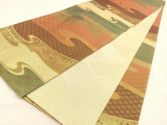 平和屋着物◎佐賀錦 両面 六通柄袋帯 エ霞萩文 金糸 正絹 逸品 BAAV2976hj