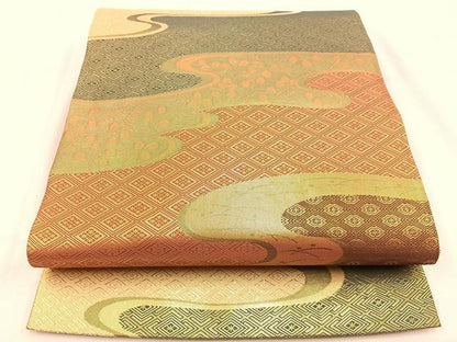 平和屋着物◎佐賀錦 両面 六通柄袋帯 エ霞萩文 金糸 正絹 逸品 BAAV2976hj