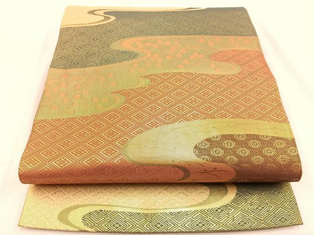 平和屋着物◎佐賀錦 両面 六通柄袋帯 エ霞萩文 金糸 正絹 逸品 BAAV2976hj