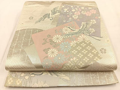 平和屋着物◎六通柄袋帯 唐織 色紙重ね飛鶴花文 金銀糸 正絹 逸品 BAAV2989hj