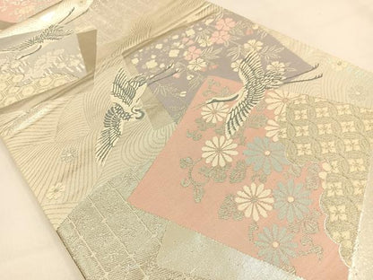 平和屋着物◎六通柄袋帯 唐織 色紙重ね飛鶴花文 金銀糸 正絹 逸品 BAAV2989hj