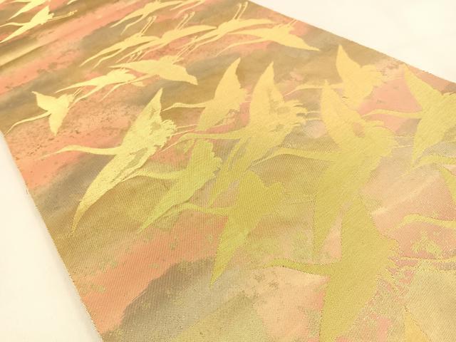 平和屋着物◎西陣 服部織物謹製 六通柄袋帯 こはく錦 飛鶴文 金銀糸 引箔 正絹 逸品 BAAV2994hj