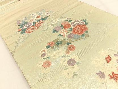 平和屋着物◎六通柄袋帯 唐織 扇面花文 九百錦 プラチナ摺箔 二重織 正絹 逸品 未使用 BAAV2998hj
