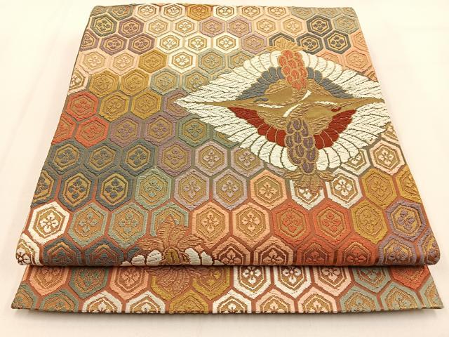 平和屋着物●六通柄袋帯　唐織　双鶴　金糸　正絹　逸品　BAAV3000hj
