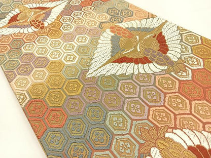 平和屋着物●六通柄袋帯　唐織　双鶴　金糸　正絹　逸品　BAAV3000hj