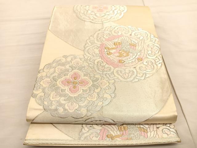 平和屋着物◎西陣　服部織物謹製　六通柄袋帯　唐織　白鳥緞子　鳳凰花文　銀糸　正絹　逸品　BAAV3018hv
