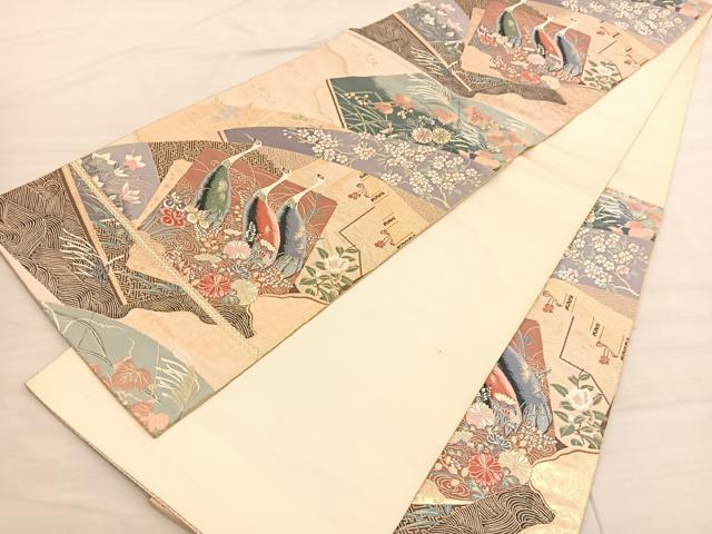 平和屋着物◎六通柄袋帯　唐織　色紙重鶴扇面　金糸　正絹　逸品　BAAV3019hv