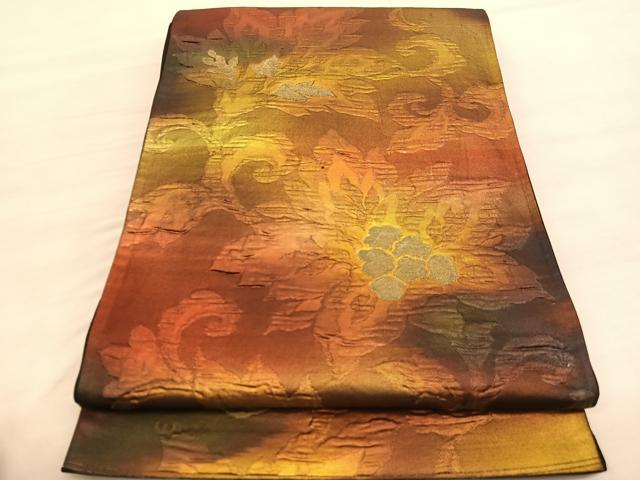 平和屋着物◎六通柄袋帯 ふくれ織 更紗花文 金糸 正絹 逸品 BAAV3029hv