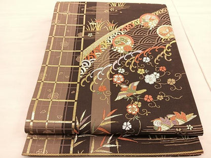 平和屋着物◎六通柄袋帯 唐織 鴛鴦立波花蝶文 金糸 正絹 逸品 BAAV3038hv