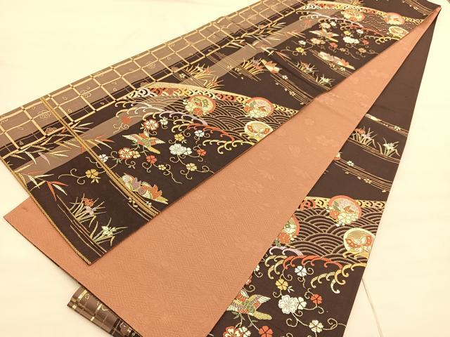 平和屋着物◎六通柄袋帯 唐織 鴛鴦立波花蝶文 金糸 正絹 逸品 BAAV3038hv