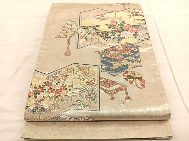 平和屋着物◎六通柄袋帯 唐織 屏風風景花文 金糸 正絹 逸品 BAAV3044hv