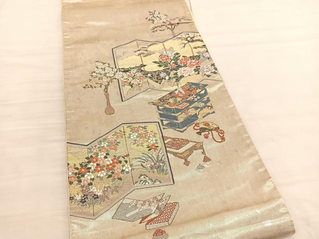 平和屋着物◎六通柄袋帯 唐織 屏風風景花文 金糸 正絹 逸品 BAAV3044hv
