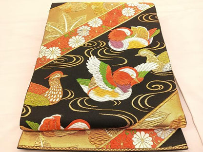 平和屋着物◎六通柄袋帯　唐織　鴛鴦花文　黒地　金銀糸　正絹　逸品　BAAV3049hv