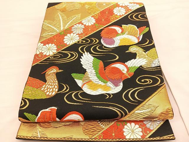 平和屋着物◎六通柄袋帯　唐織　鴛鴦花文　黒地　金銀糸　正絹　逸品　BAAV3049hv