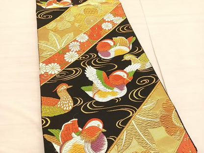 平和屋着物◎六通柄袋帯　唐織　鴛鴦花文　黒地　金銀糸　正絹　逸品　BAAV3049hv
